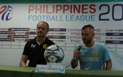 <p><strong>POST-MATCH PRESSCON.</strong> Ceres-Negros FC midfielder Stephan Schrock (right) with head coach Risto Vidakovic during the post-match press conference at Panaad Stadium in Bacolod City on Wednesday night (June 20, 2018)<em>. (Photo by Nanette L. Guadalquiver)</em></p>